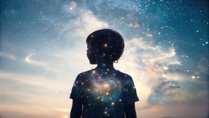 Child Silhouette Under Starry Night Sky with Cosmic Universe and Dreamy Wonder, Exploring Imagination and Childhood Curiosity in a Magical Night Scene