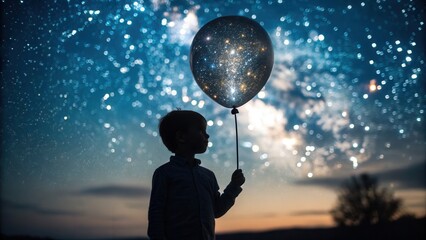 Beautiful night sky with stars and galaxy over silhouette of child holding balloon in outdoor setting, capturing wonder, serenity, and cosmic beauty in a magical scene