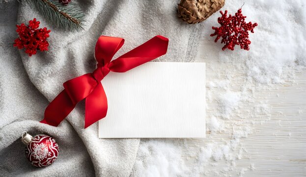 Christmas holiday background with an empty white card tied with a red ribbon - Powered by Adobe
