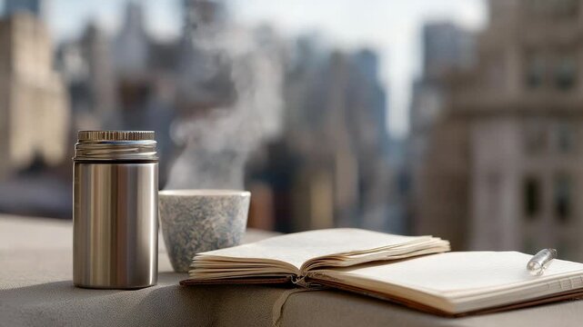 Inspired by the resurrection of old buildings, a writer takes a coffee break on city streets, sipping from a metal thermos, its cap steaming, on a rooftop ledge, its concrete rough. A notebook, its