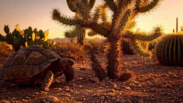 Close up of a Saguaro cactus arm, showcasing its intricate patterns of waxy skin and formidable spines under golden hour sunlight. Macro perspective emphasizing texture and detail, with sun flare.