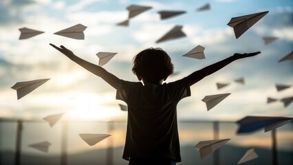 Joyful children playing outdoors with paper airplanes against a bright sky, capturing childhood innocence, imagination, outdoor activity, happiness, and carefree fun