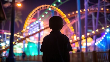 Vibrant amusement park at night showcasing colorful rides, scenic views, family fun, thrilling attractions, lively entertainment environment, and outdoor entertainment scene