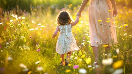 A woman and a child walking through a field of flowers during the golden hour. The woman and child are captured in a candid moment, with the womans arm extended towards the child.