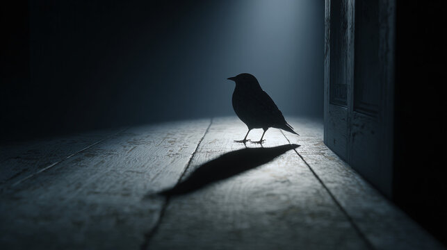 A bird silhouette in a dark room with a ray of light, evokes a sense of mystery and introspection. The bird casts a long shadow on the wooden floor.