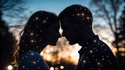 Beautiful romantic silhouette of a loving couple at sunset capturing intimacy, connection, tenderness, and emotional bond in outdoor evening scene