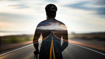 Vivid sunset over open road with cyclist silhouette capturing adventurous journey through scenic landscape and vibrant horizon for travel, outdoor activity, and exploration
