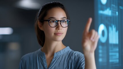 Young Professional Interacting with 3D Data Visualization in Modern Office Environment for Enhanced Performance Analysis