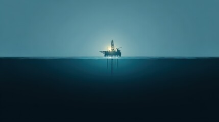 Oil Rig on Ocean Surface with Underwater Structure