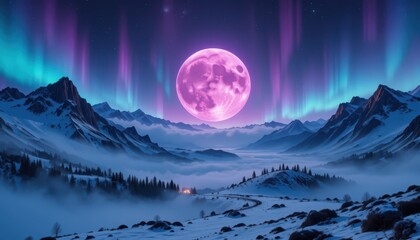 Snowy Mountain Valley Under Pink Moon and Turquoise Aurora Lights