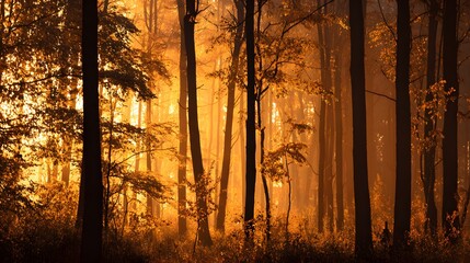 Tall tree trunks stand silhouetted against a bright, warm light filtering through the dense woods