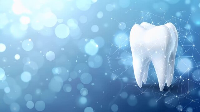 A digital rendering of a tooth with a network of lines and dots, set against a blue background with bokeh effects.