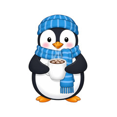 Cute penguin with cozy scarf and hat holds hot chocolate