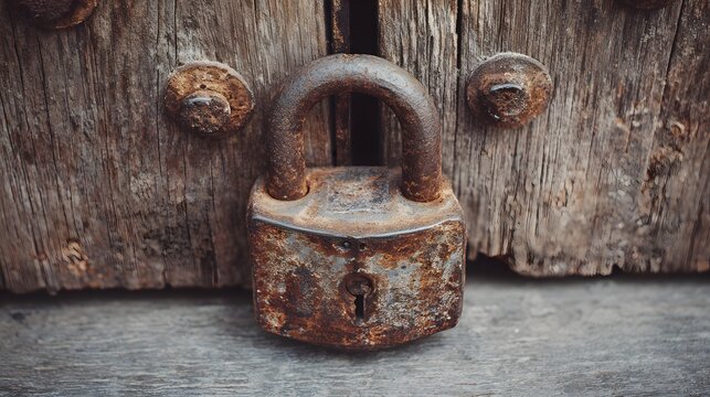 Heavily rusted antique padlock secures weathered wooden barrier