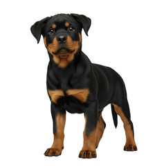 Fototapeta premium A black and tan Rottweiler puppy, a powerful breed of dog species, stands proudly against a white background, showcasing its muscular build and distinctive markings