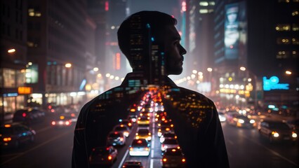 Vibrant urban cityscape at night showcasing illuminated skyscrapers, bustling streets, vibrant nightlife, modern architecture, and dynamic city lights