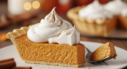 A slice of pumpkin pie with whipped cream and cinnamon on a white plate with a spoon nearby