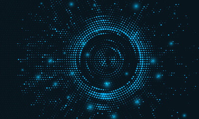 Digital circles of blue glowing dots. Information particles in a neural network. Big data visualization into cyberspace. Vector illustration.