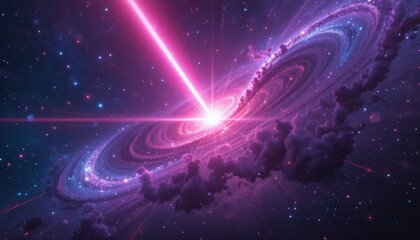 A Vibrant Galaxy Spinning with Magenta Plasma and a Central Ray of Light