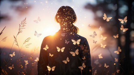 Beautiful silhouette of a woman in peaceful outdoor sunset scene with warm glow, nature, twilight sky, scenic landscape, floral elements, and serene atmosphere