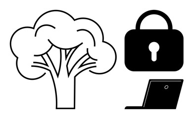 Tree symbolizing nature, padlock for security, and laptop denoting digital technology. Ideal for sustainability, cybersecurity, tech, eco-consciousness, data protection, environmental science
