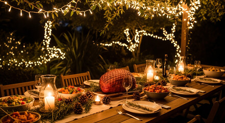 Night Outdoor Dinner with Christmas Lights and Glazed Ham