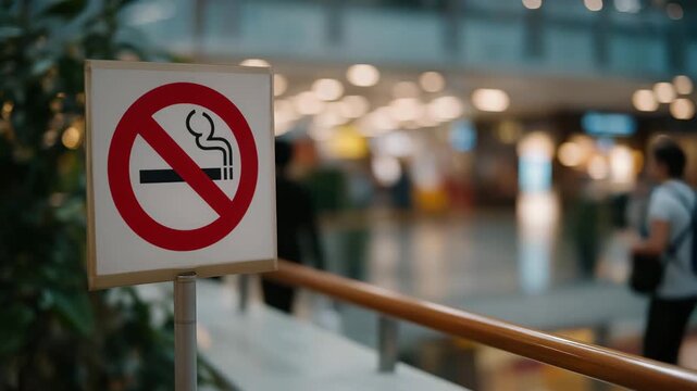 No-smoking signage in public area with people observing rules, emotion of acceptance and compliance visible, representing health regulations, public safety awareness, and social adherence to bans.