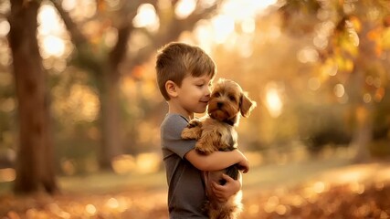 A young boy and his dog share a tender moment in an outdoor setting during what appears to be the golden hour, with the sun casting a warm, golden hue over the scene.