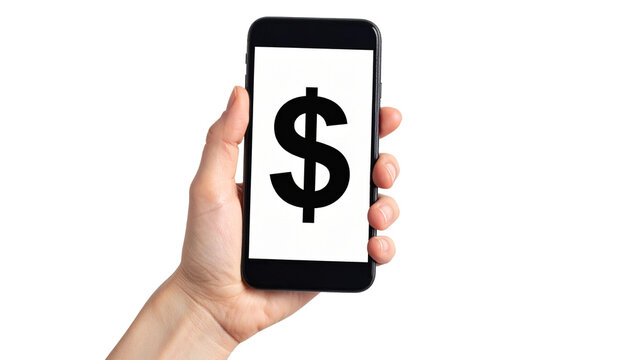 Hand holding a smartphone with a dollar sign symbol on the screen, representing digital finance and transactions