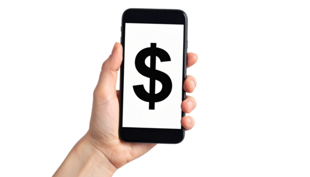 Hand holding a smartphone with a dollar sign symbol on the screen, representing digital finance and transactions