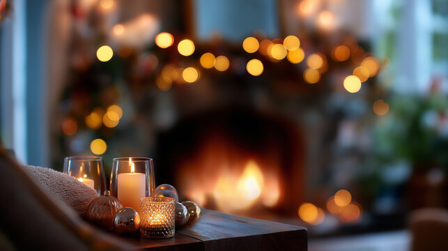 Defocused Christmas living room — silhouettes near a fireplace, glowing garlands and candles softly blurred, with copy space.
