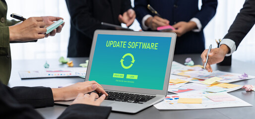 Analyst team use sticky note for creative and analytic brainstorm for business idea with BI data dashboard on laptop screen. Analysis financial data visualization tech for marketing strategy. Prodigy