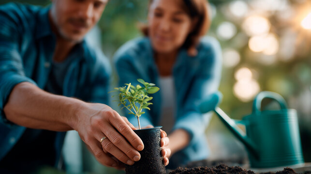 Faceless young couple's hands and torsos planting small tree together in garden soil defocused residential background with bokeh watering can visible in soft focus environmental