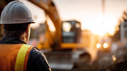 Faceless construction worker in safety helmet and high visibility vest from behind large excavator operating in defocused background building site atmosphere professional