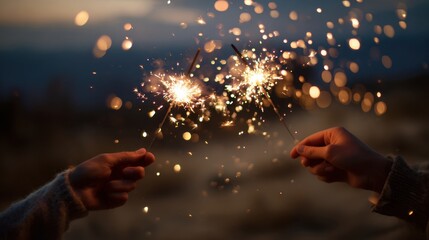 Two friends share sparklers at dusk, a warm outdoor moment of celebration and magic