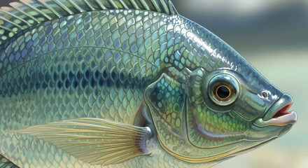Fototapeta premium Close-up of a Tilapia Fish with iridescent scales and prominent dorsal fin.