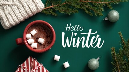 Hello Winter cozy scene with hot chocolate, marshmallows and holiday decorations