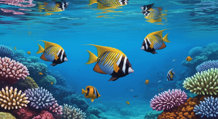 Fototapeta premium Colorful Butterflyfish Swimming Among Coral Reefs in Clear Blue Ocean Water.