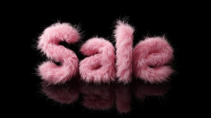 Pink fluffy fur text reads Sale on a black reflective surface
