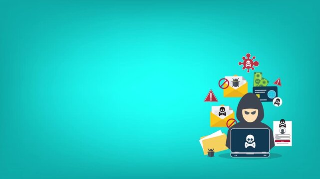 Hacker with laptop computer stealing confidential data, personal information and credit card detail. Hacking concept.	