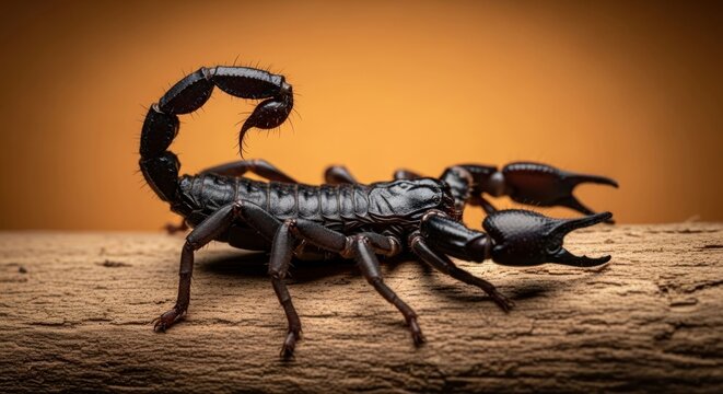 A detailed, close-up of a black scorpion resting on a wooden surface