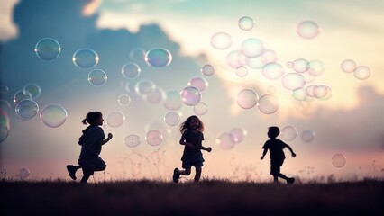 Children Playing Outdoors in Silhouette During Sunset with Joyful Expressions, Nature, Recreation, Fun, Happiness, Summer, Activity, Childhood, Leisure, Friendship