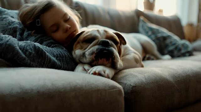 A young girl and a bulldog cuddling on a couch, with the girl resting her head on the bulldogs back. The girls face is partially obscured by the dogs snout.