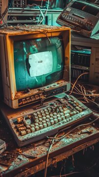 A vintage computer sits atop a wooden desk, ready for use