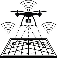A black and white illustration of a drone scanning a grid with wireless signals and dotted lines showing data