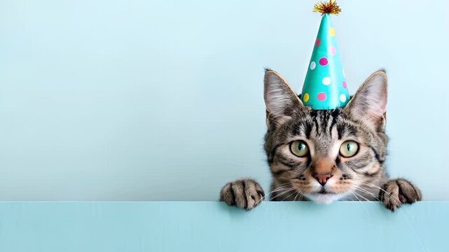 A cat with a birthday hat peeking over a blank sign, set against a light blue background. The cats expression is curious.