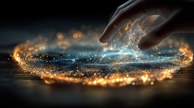 暗闇の中で指先が光の粒子とデータネットワークの集合体に触れているクローズアップ | Close-up of a fingertip touching a cluster of glowing particles and a data network in the dark