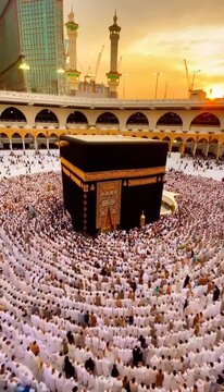 Pilgrims in Ihram performing Tawaf around the Kaaba in Mecca during sunset.