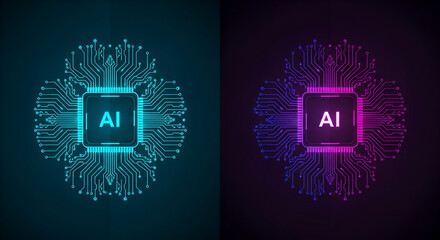 Dual AI Chip Circuitry with Neon Glow artificial intelligence