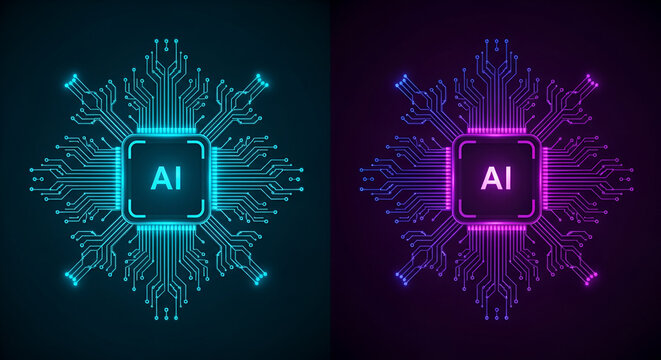 Dual AI Chipset Graphics with Neon Glow artificial intelligence - Powered by Adobe